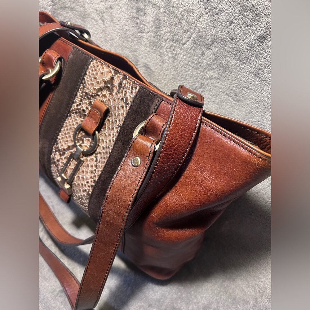 Etienne Aigner Cognac, Suede and Snakeskin Leather Tote w/ Silver Hardware - Picture 5 of 13